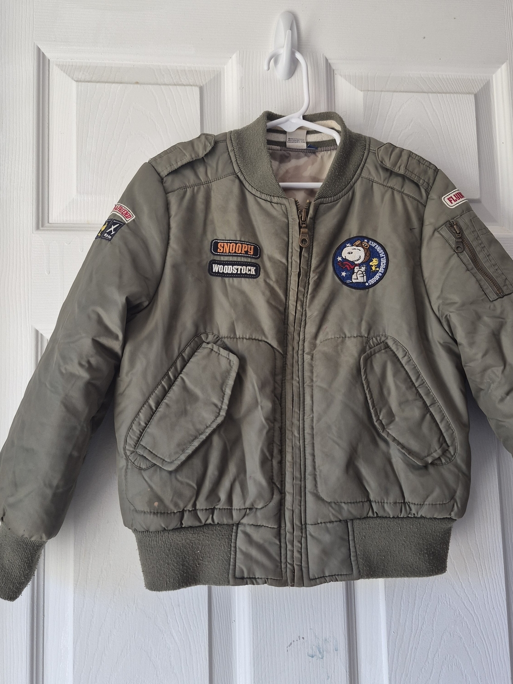 Kids Olive Green Snoopy Patch Bomber Jacket